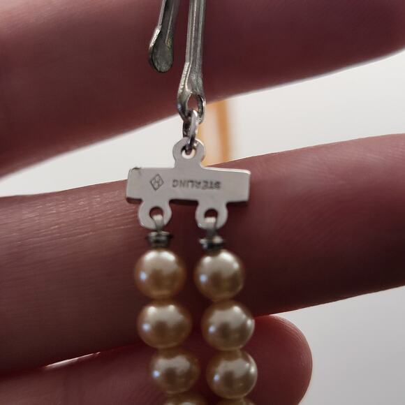 Vintage Cream Pearl Double Strand Necklace with Sterling Silver Beaded Jewelry - Picture 4 of 9